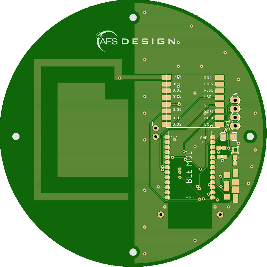 Circular BLE parking sensor board with a PCB antenna drawn into the copper