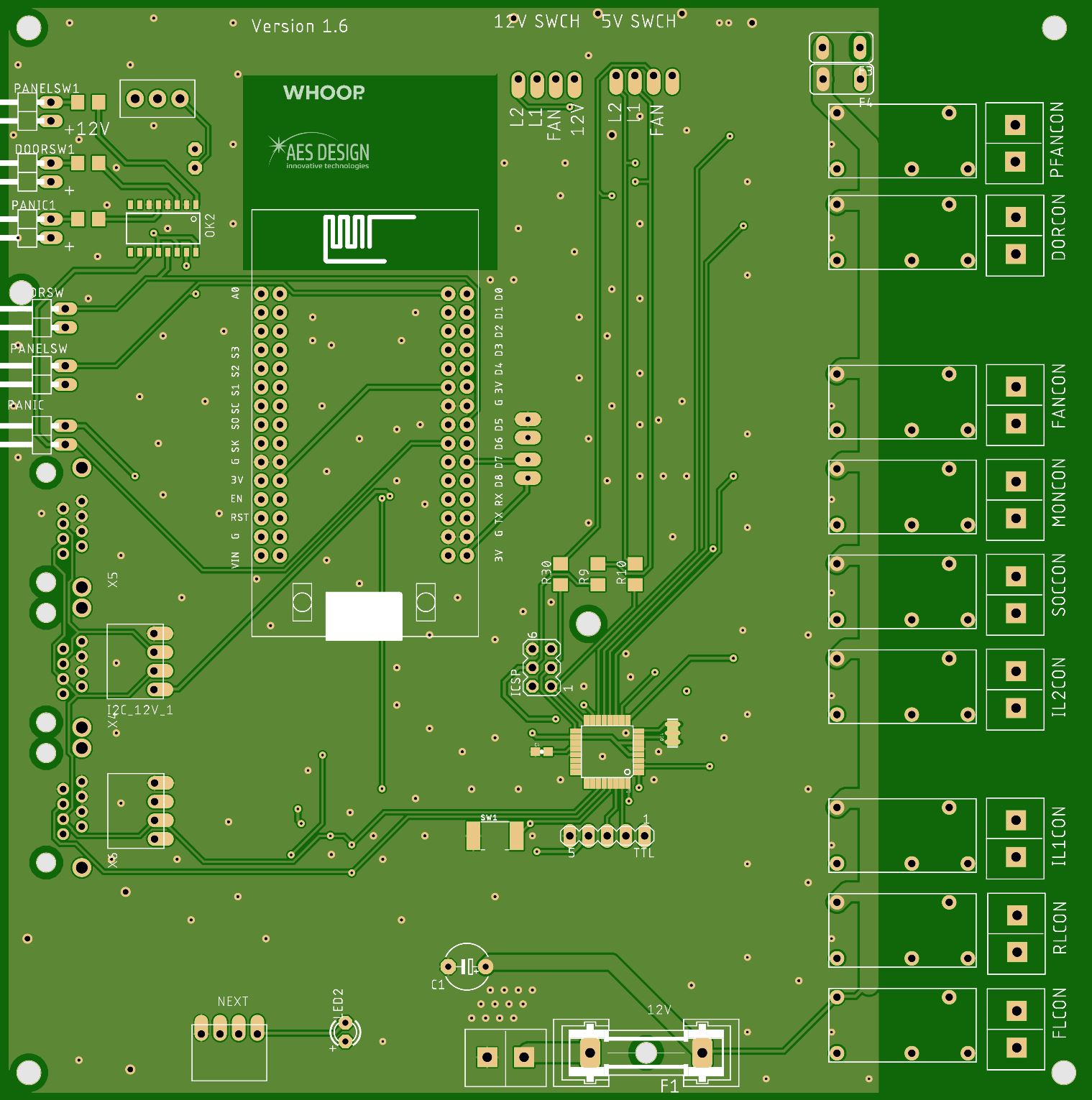 WHOOP controller board v1.6 layout with an ESP module and eight relay outputs